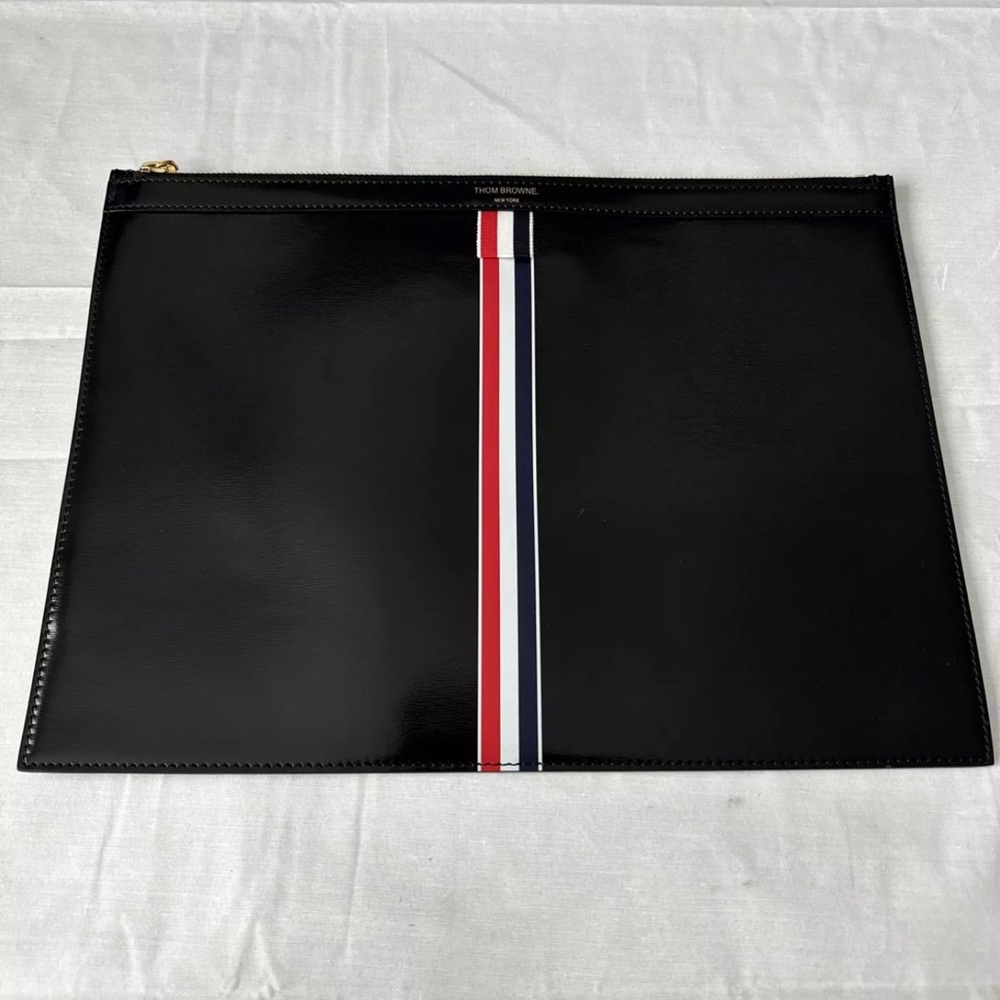 Thom Browne Medium Zipper Document Holder With RWB Diagonal Stripe Calf Leather